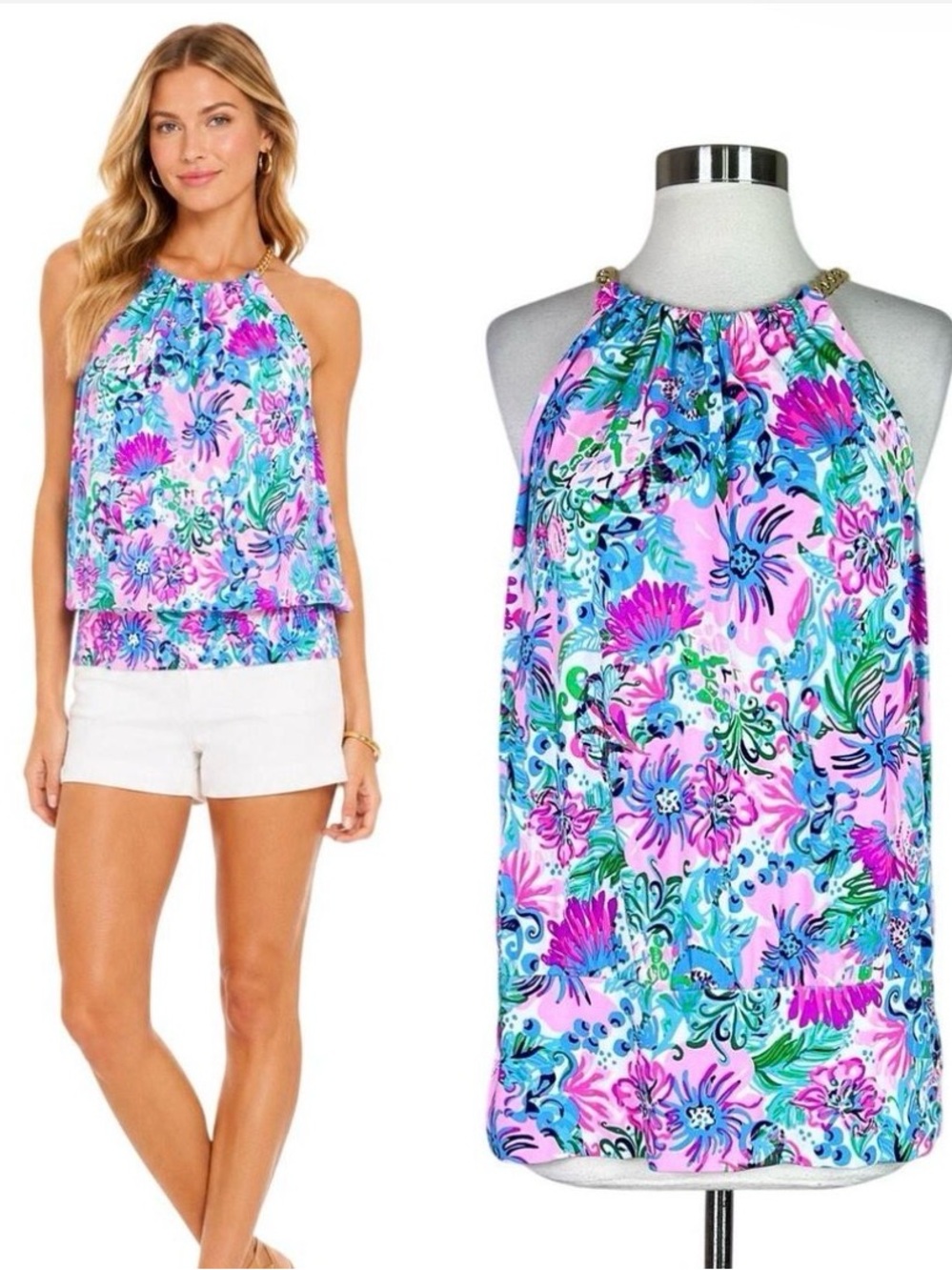 Lilly Pulitzer Bowen Gold Chain Halter Top Floral BlousonTank Blouse Sz Medium